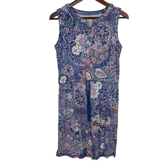 T by Talbots Blue Pink Sleeveless Tie Waist Dress Women's Small Petite - Picture 1 of 5